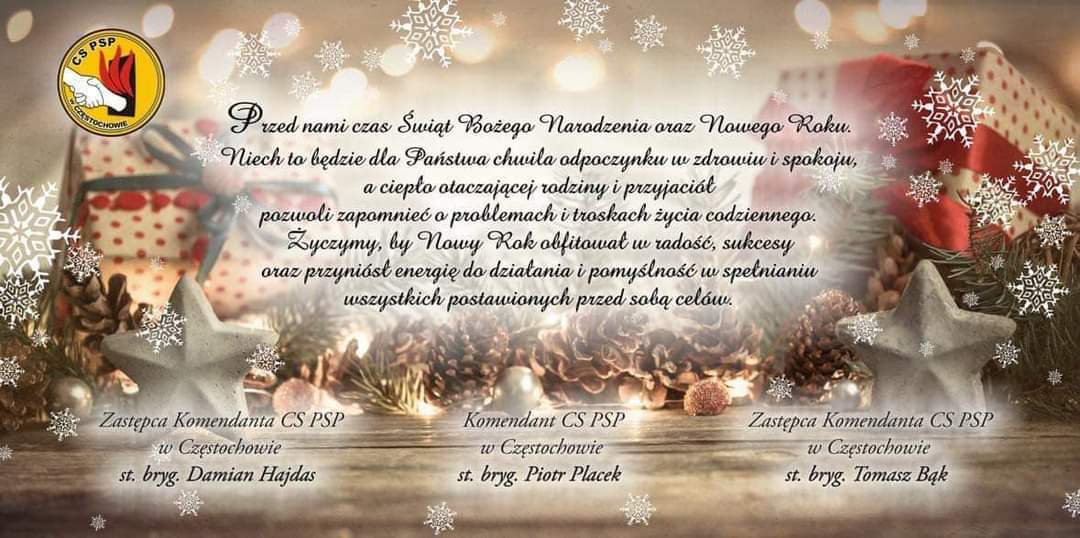 Okolicznościowa kartka świąteczna z okazji Świąt Wielkanocnych. w góry po lewej logo CS PSP, na środku zyczenia świąteczne, pod życzeniami wymienieni od lewej Zastępca Komendant CS PSP, Komendant CS PSP oraz drugi Zastępca Komendanta CS PSP