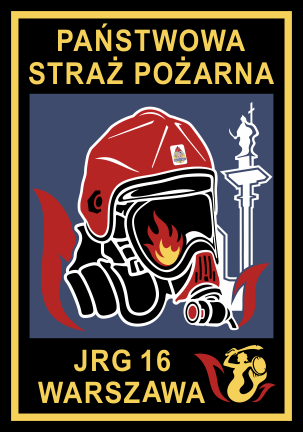 Logo w kształcie czarnej tarczy ze złotym konturem. W górnych narożnikach znajduje się flaga Polski oraz złota sylwetka Syrenki Warszawskiej. Centralną część loga tworzy popiersie strażaka w hełmie wraz z maską, w której wizjerze odbijają się czerwone płomienie. W tle Kolumna Zygmunta koloru białego. Wokół jest napis Jednostka Ratowniczo-Gaśnicza 16 Warszawa.