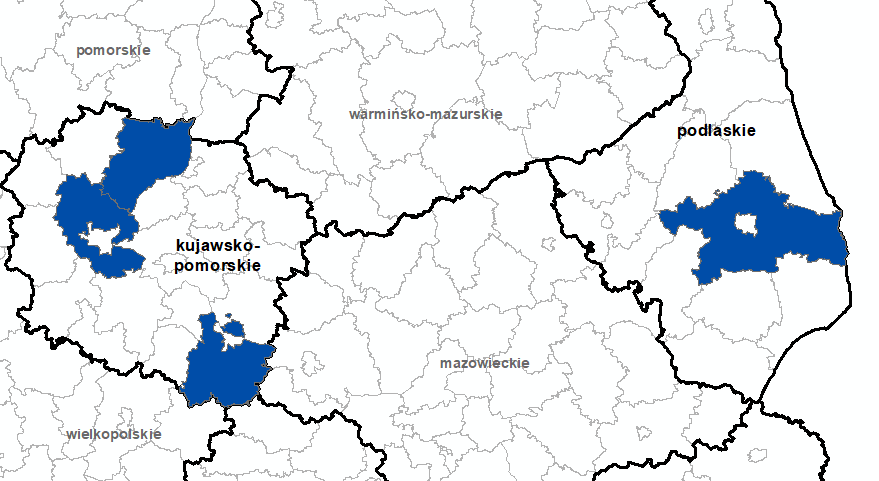 Ilustracja przedstawia obszary powiatów objętych aktualizacją zbiorów danych BDOT10k.