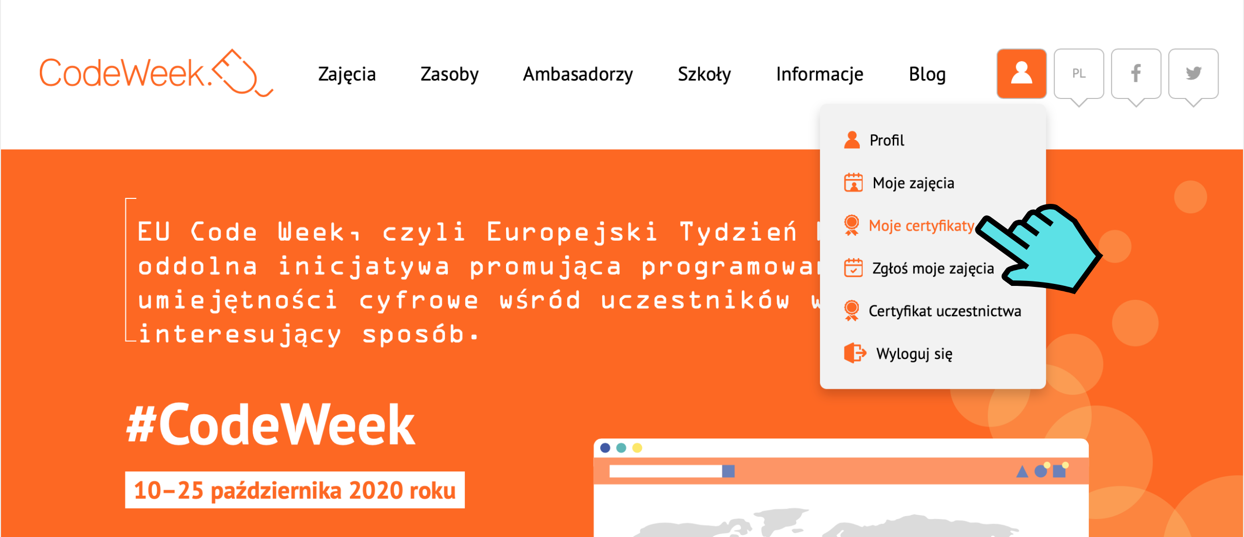 Grafika przedstawia stronę codeweek.eu z rozwiniętym menu opcji. Podświetlona na pomarańczowo jest zakładka “Moje certyfikaty”, na którą wskazuje niebieski symbol kursora myszy.