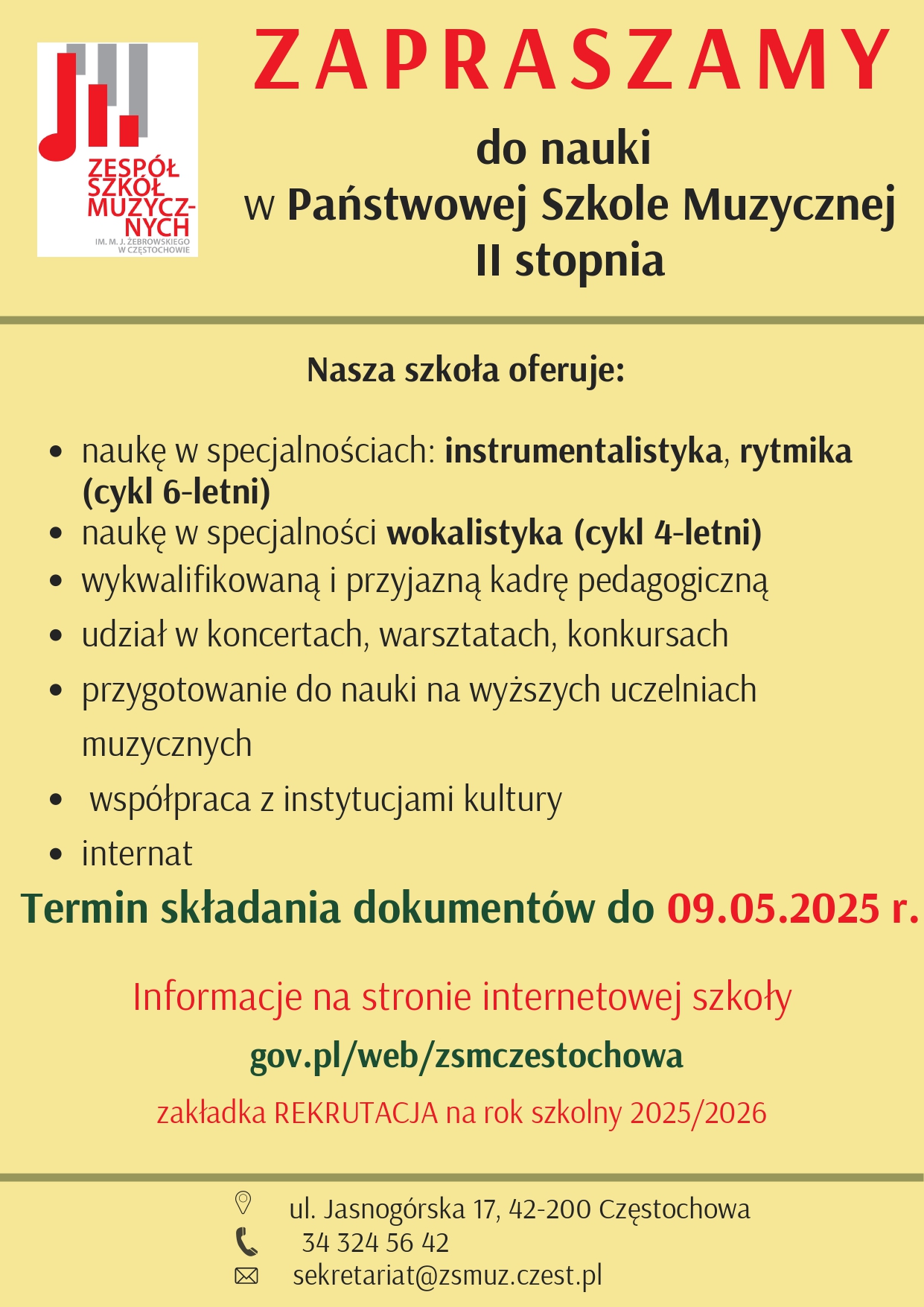 Żółte tło, tekst dotyczący rekrutacji do PSM II st.