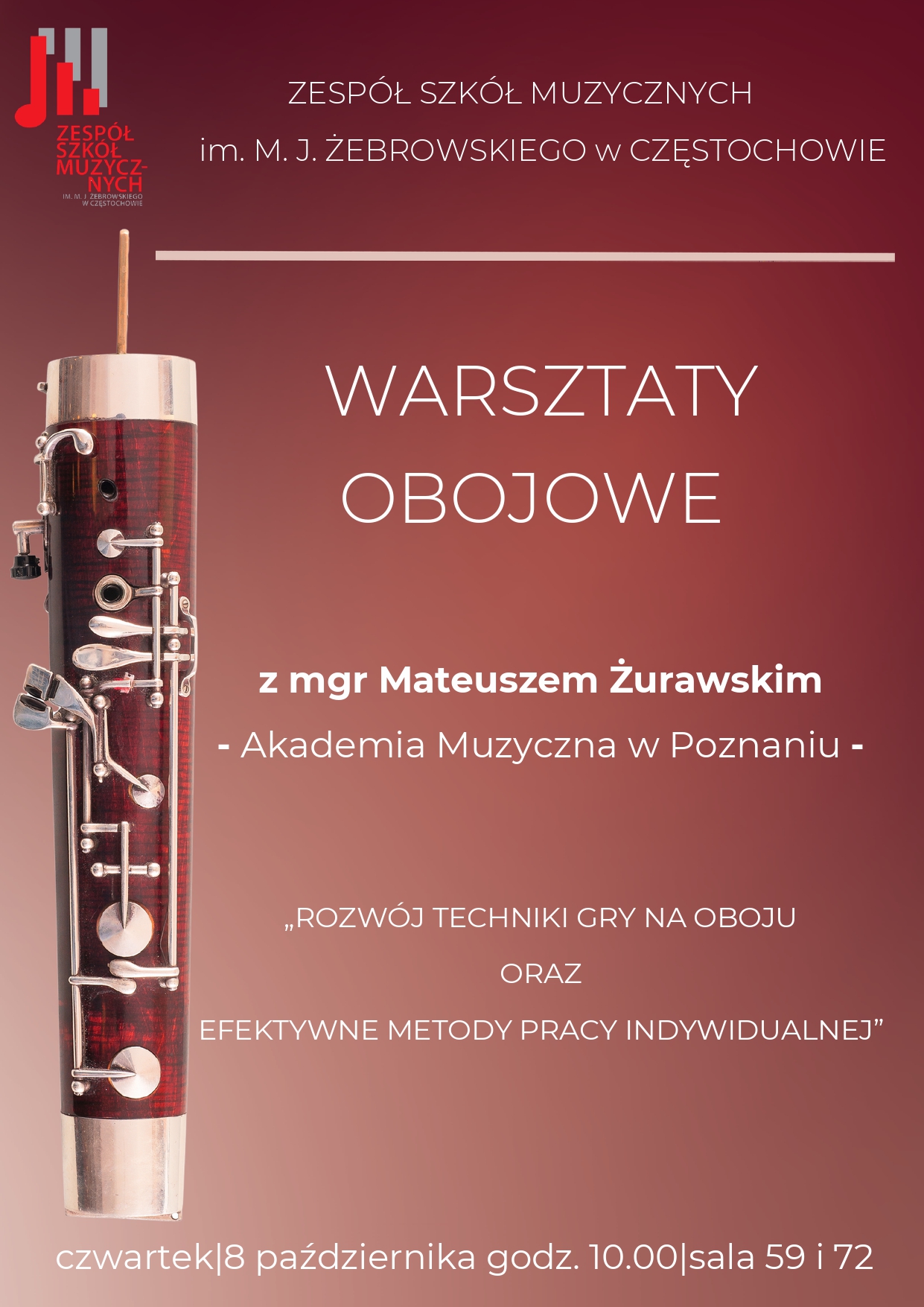 Bordowe tło, zdjęcie oboju, tekst dotyczący warsztatów obojowych 8 października 2026 r. 