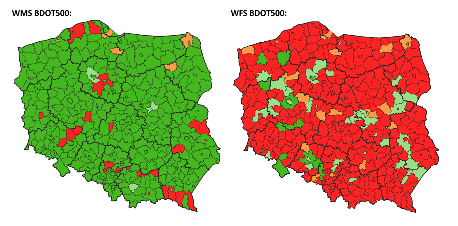 mapy prezentująca stan zgłoszonych usług WMS i WFS EBDOT500