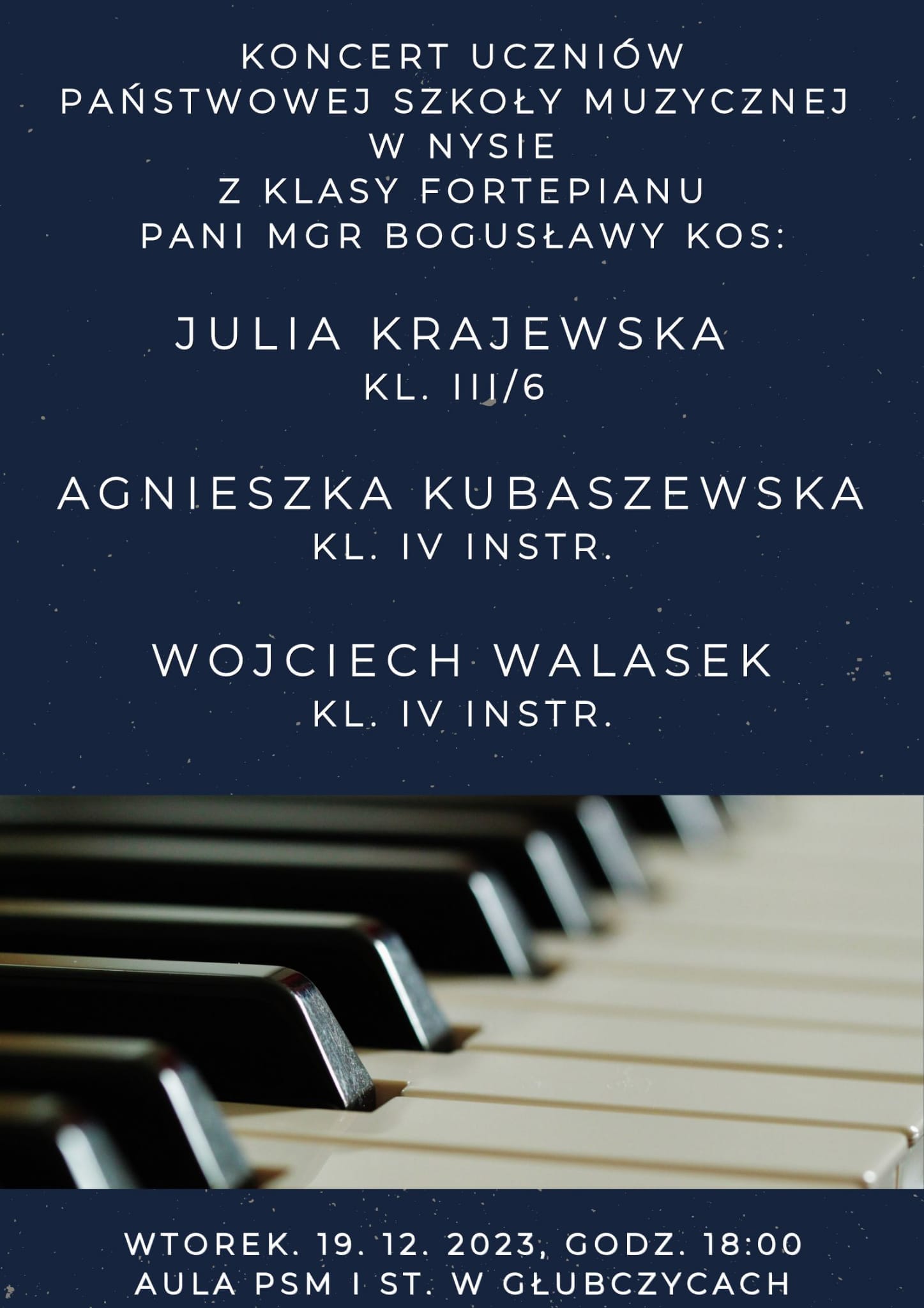 Koncert uczniów PSM w Nysie z klasy fortepianu p Bogusławy KOs