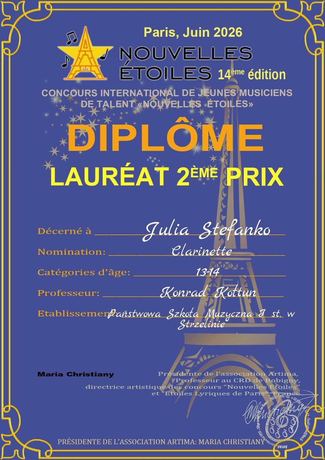 Julia Stefanko - II nagroda w Concours International De Jeunes Musiciens De Talent "Nouvelles Etoiles" w Paryżu