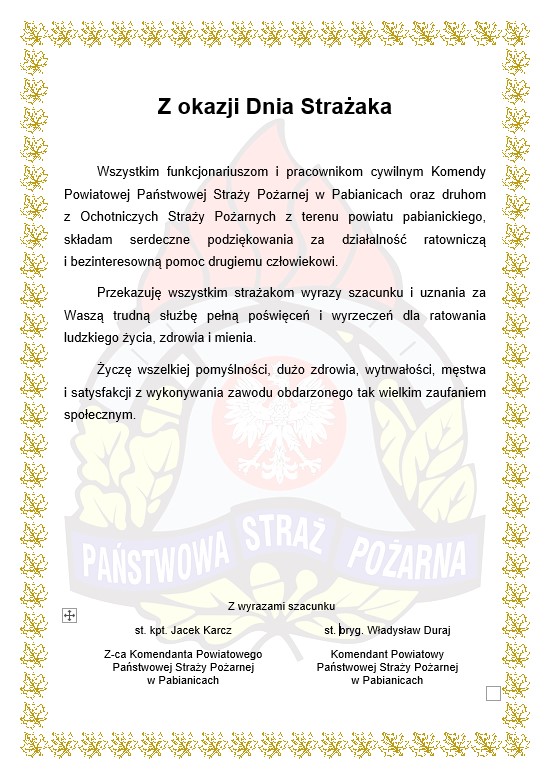 Życzenia KP PSP w Pabianicach z okazji Dnia Strażaka