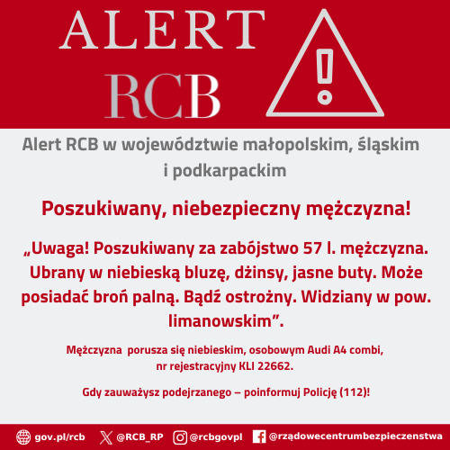 Alert RCB dotyczący poszukiwania niebezpiecznego mężczyzny.