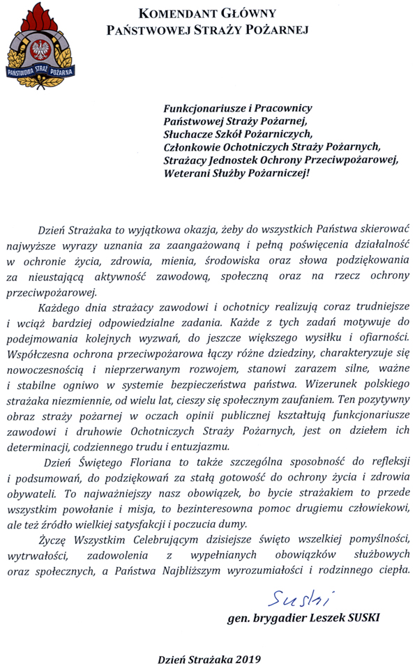 List z życzeniami Komendanta Głównego PSP.