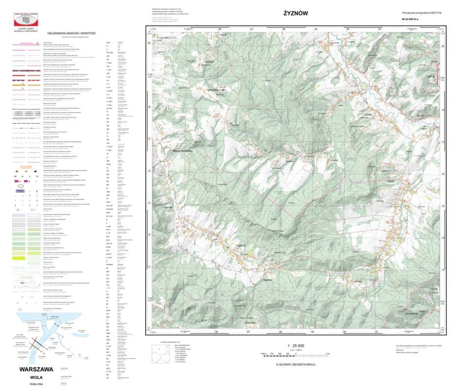 Ilustracja przedstawia zrzut ekranu z przykładową wizualizacją kartograficzną BDOT10k w skali 1:25 000 dla wsi Żyznów
