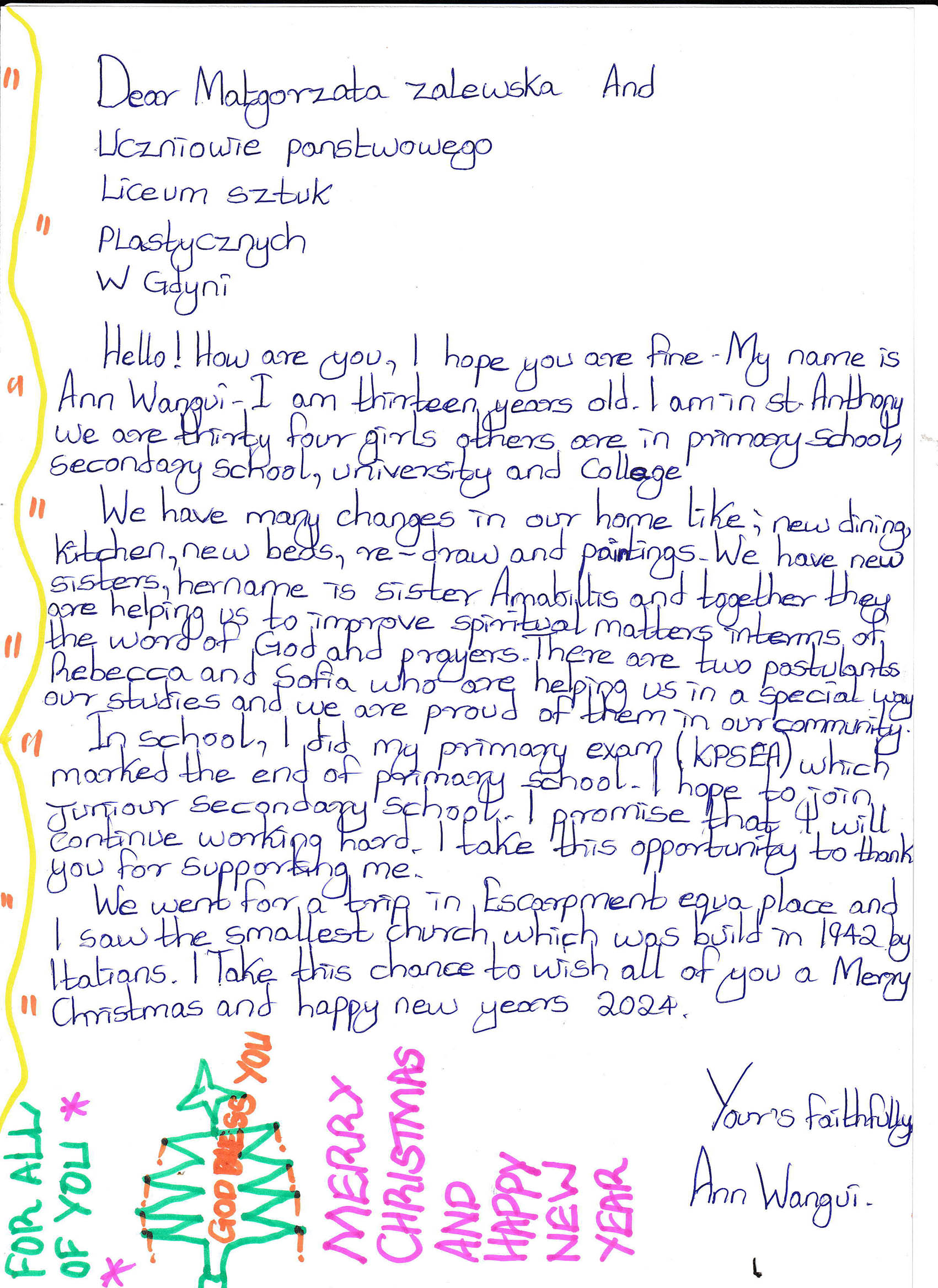 List i życzenia świąteczne od Ann Wangui