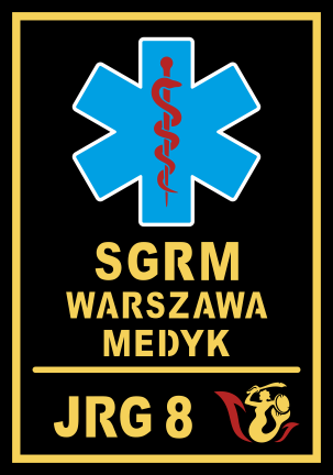 Logo w kształcie czarnej tarczy ze złotym konturem. W górnych narożnikach znajduje się flaga Polski oraz złota sylwetka Syrenki Warszawskiej. Centralną część loga tworzy niebieska gwiazda życia w której środku znajduje się czerwony wąż eskulapa owinięty wokół czerwonej laski. Wokół jest napis Grupa Ratownictwa-Medycznego 5 JRG 8 Warszawa.