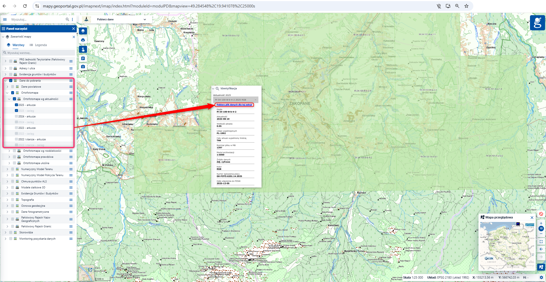 Ilustracja przedstawia zrzut ekranu w jaki sposób pobrać arkusze ortofotomapy z geoportal.gov.pl