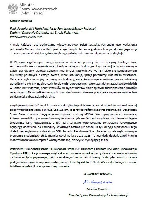 Treść życzeń okolicznościowych Ministra Spraw Wewnętrznych i Administracji Mariusza Kamińskiego.