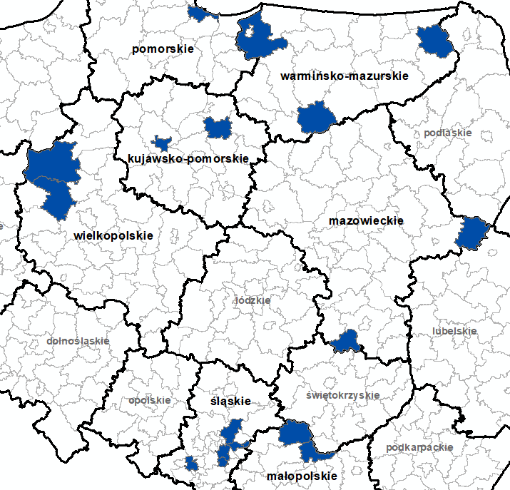 Ilustracja przedstawia obszary powiatów objętych aktualizacją zbiorów danych BDOT10k.