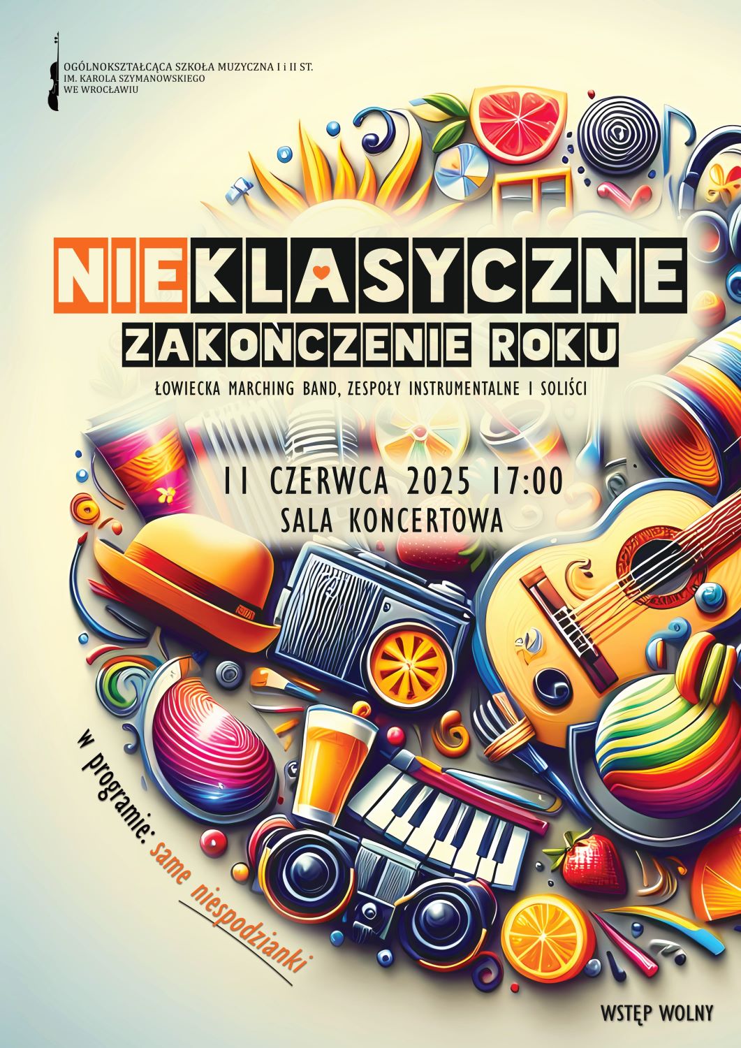 kolorowy plakat zapowiadający koncert. Zawiera kolorowe motywy instrumentów, owoców i kapelusza