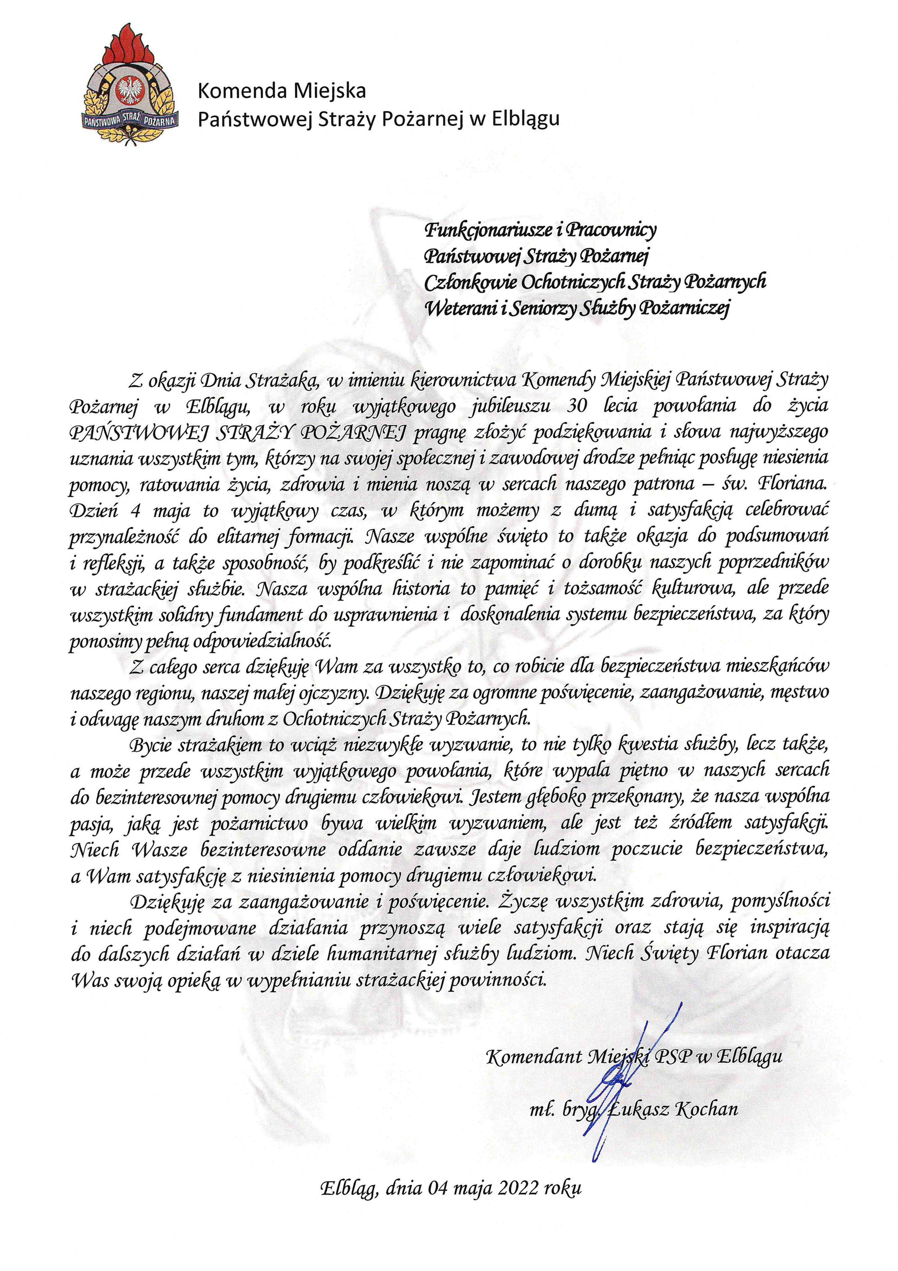 Tekst z życzeniami Komendanta Miejskiego z okazji Dnia Strażaka