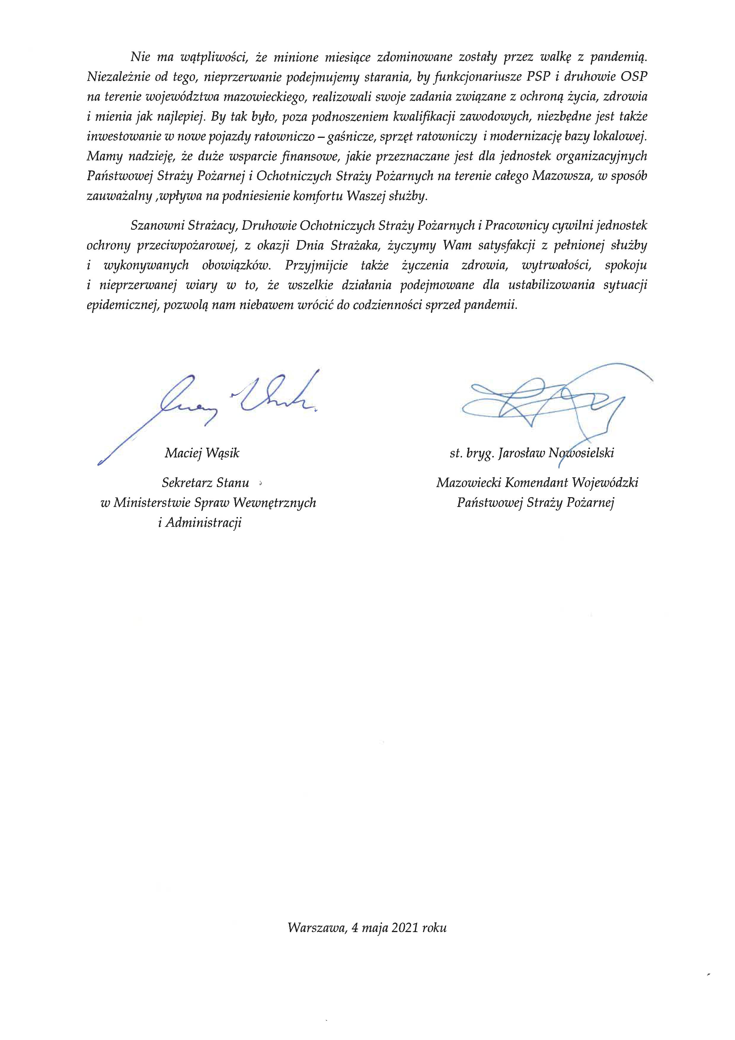 List z okazji Dnia Strażaka