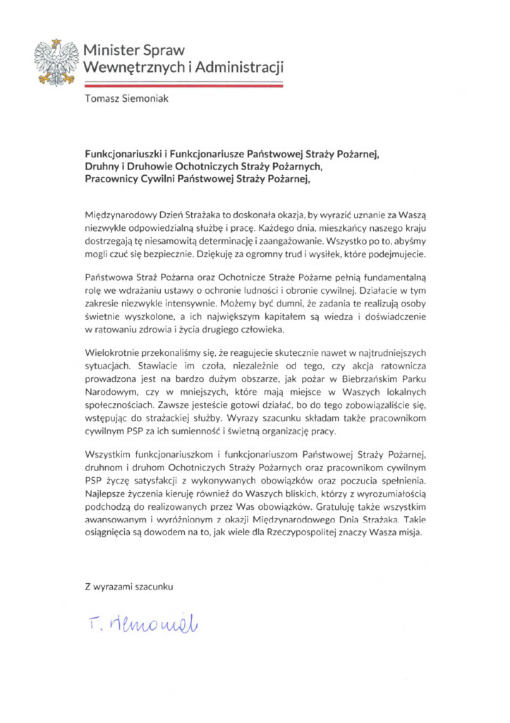 Życzenia Ministra Tomasza Siemoniaka z okazji Dnia Strażaka