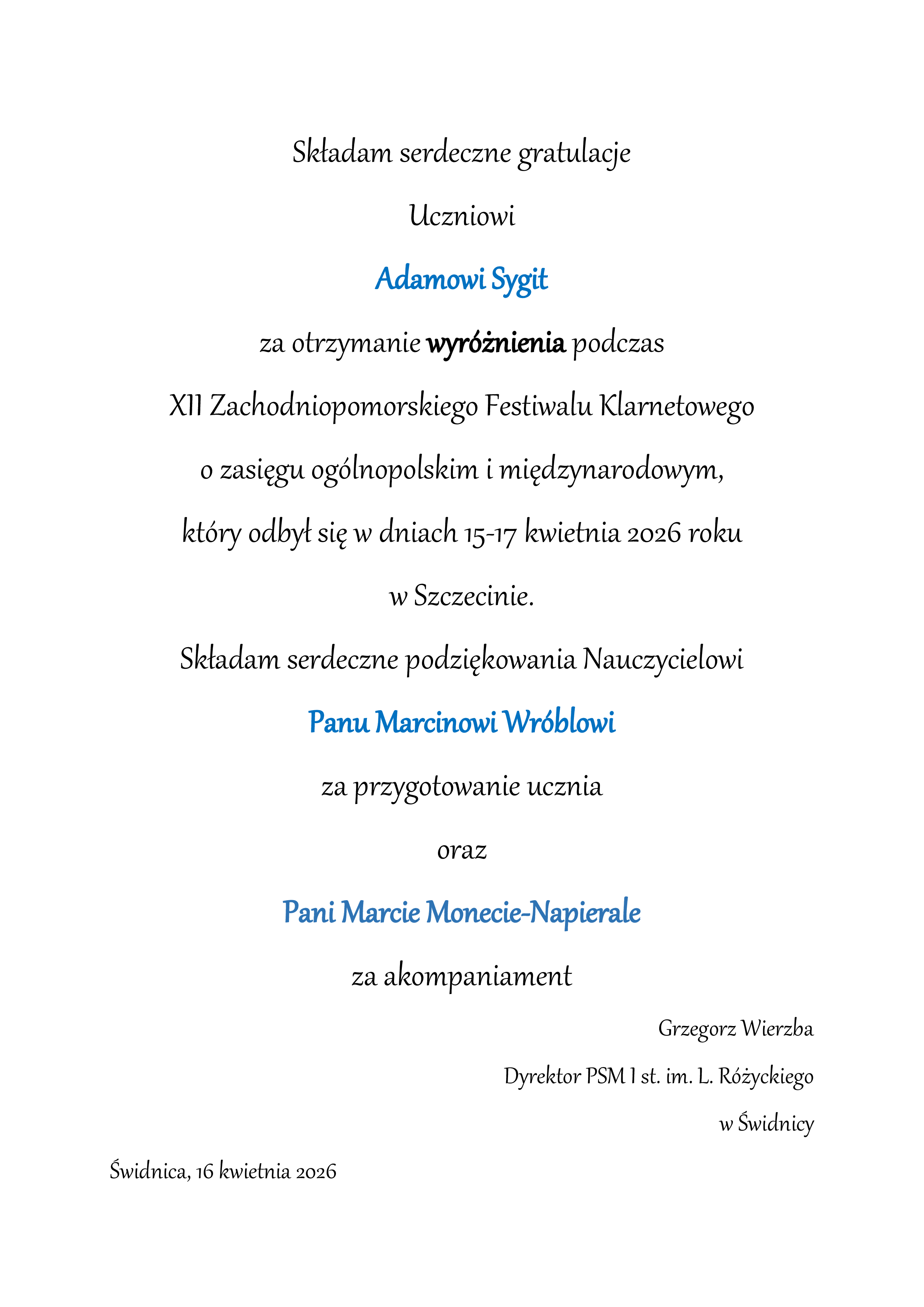 Podziękowania dyrektora za udział w konkursie biała kartka , ozdobna czarna czcionka.