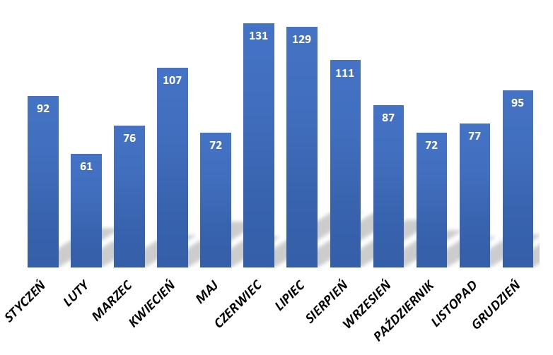 Wykres słupkowy obrazujący statystykę liczby wyjazdów szklonej JRG w poszczególnych miesiącach w 2025 roku