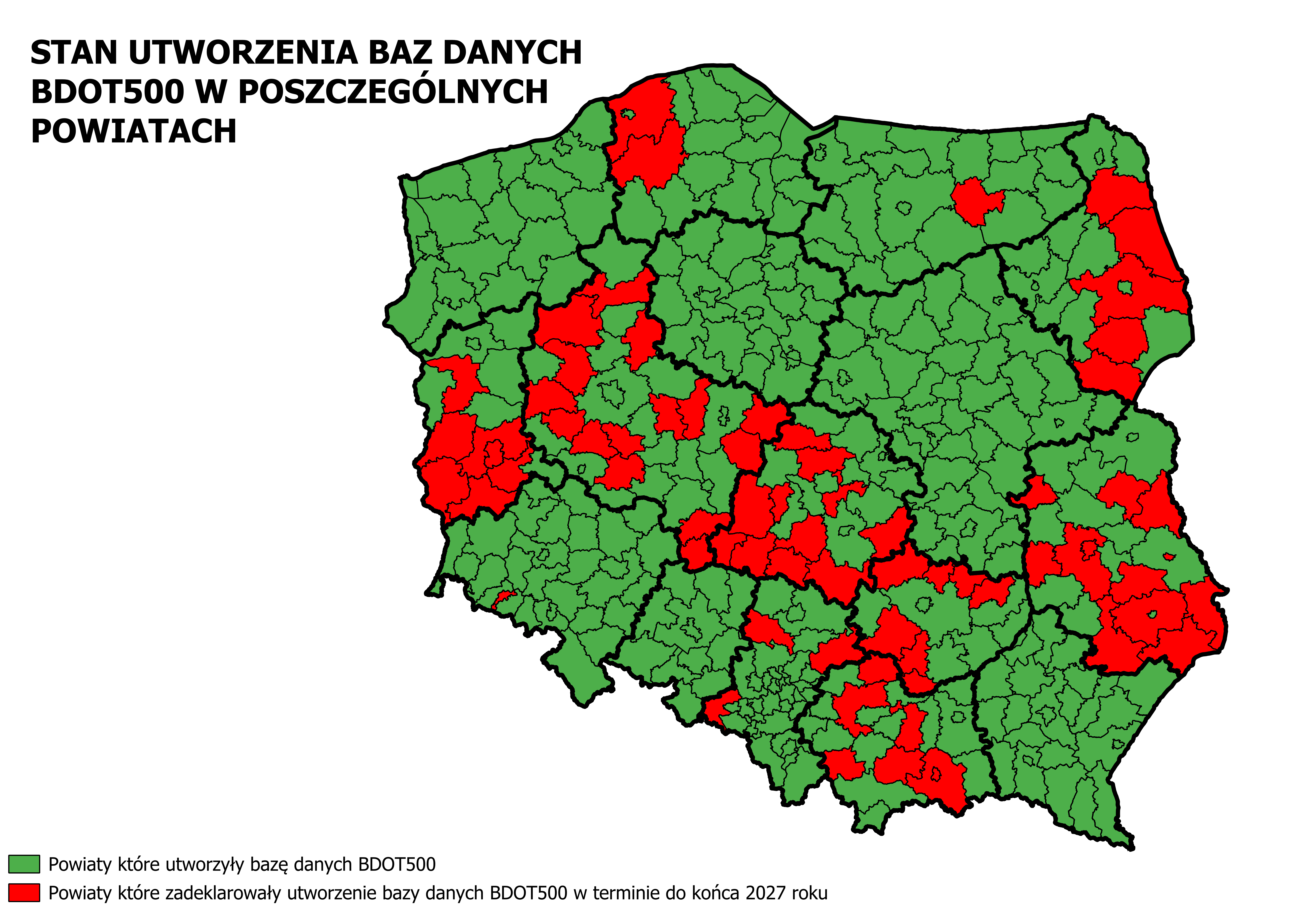 Mapa Polski obrazująca stan utworzenia baz danych BDOT500 w poszczególnych powiatach kraju.