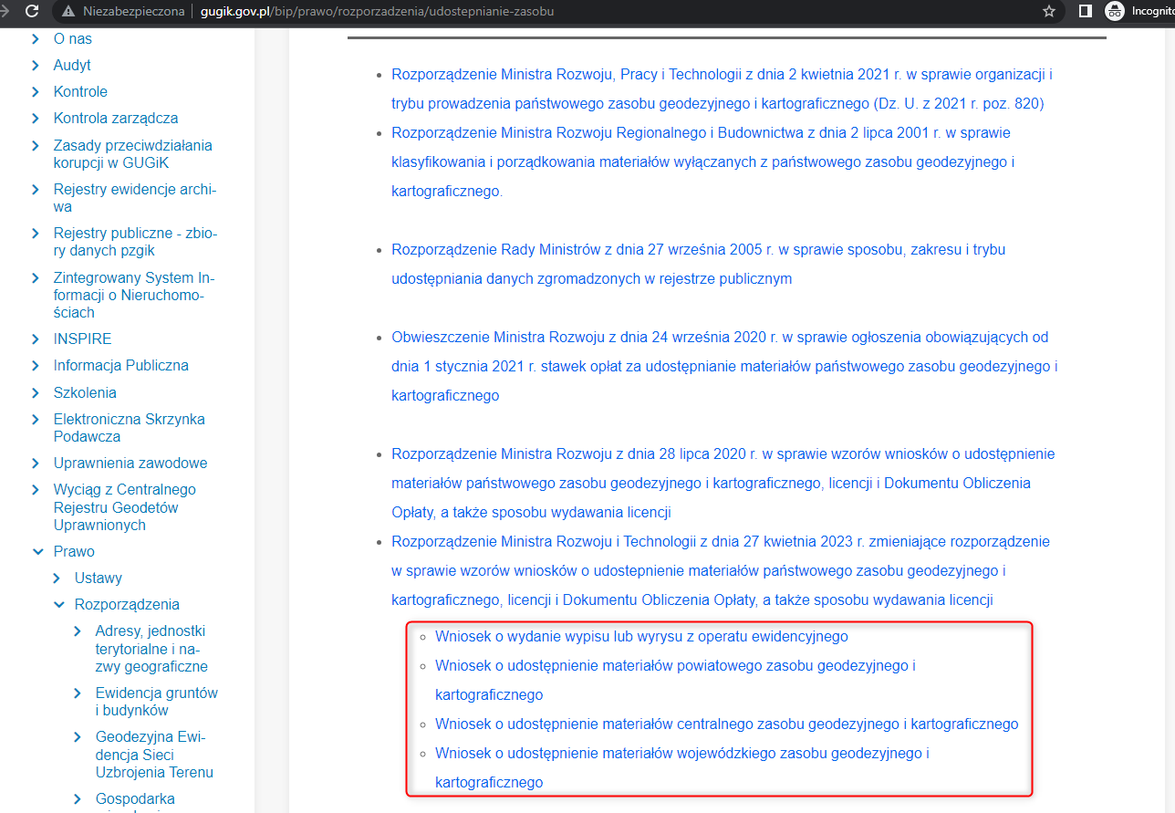 rysunek przedstawia zrzut ze strony Biuletynu Informacji Publicznej GUGiK prezentujący linki pozwalające na pobranie nowych wzorów dokumentów o udostępnienie materiałów państwowego zasobu geodezyjnego i kartograficznego 