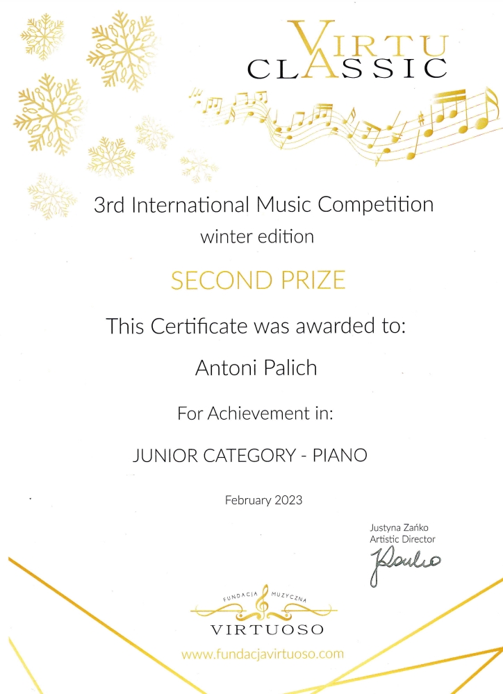 Antoni Palich dyplom z konkursu pianistycznego