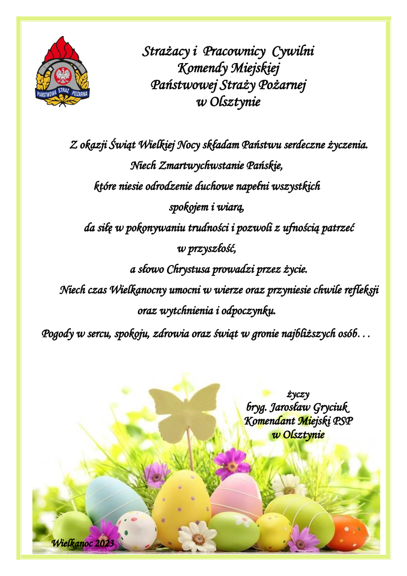 Życzenia Wielkanocne Komendanta Miejskiego PSP w Olsztynie