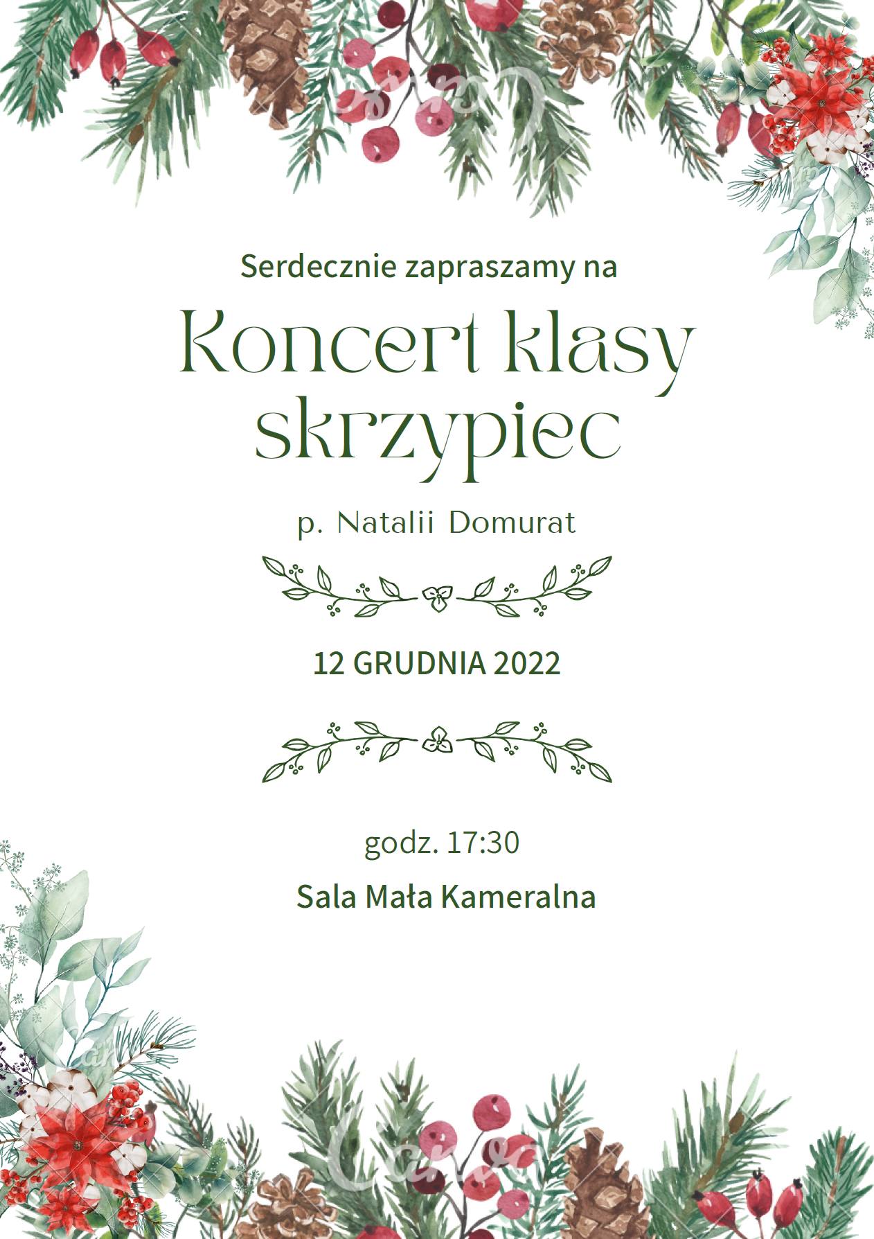 Plakat z zielonym napisem Koncert klasy skrzypiec na białym tle, u góry i u dołu przyrodnicze motywy jesienne. 