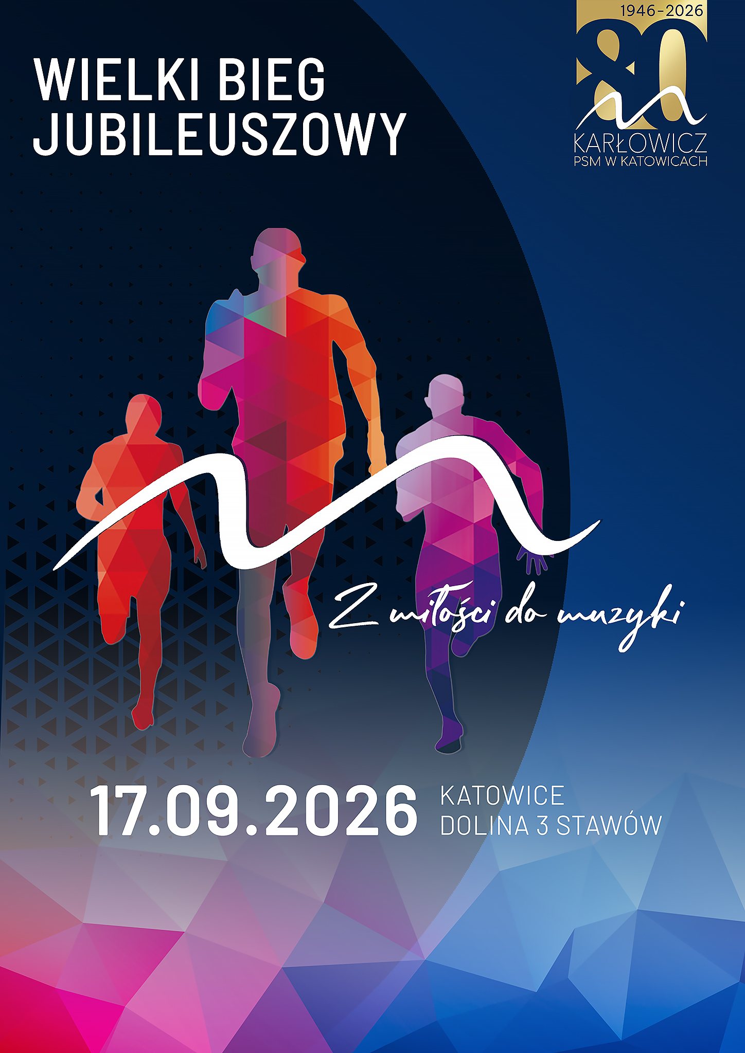 Plakat wydarzenia „Wielki Bieg Jubileuszowy” z okazji 80-lecia PSM Karłowicz w Katowicach (1946–2026). Data: 17.09.2026, lokalizacja: Dolina 3 Stawów. Grafika przedstawia kolorowe sylwetki trzech biegaczy na ciemnoniebieskim tle oraz hasło „Z miłości do muzyki”.