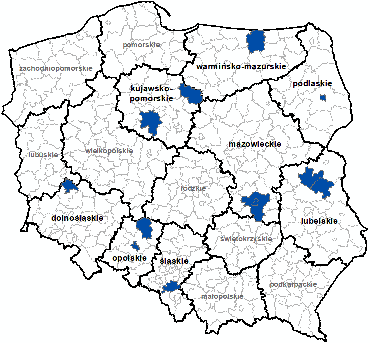 Ilustracja przedstawia obszary powiatów objętych aktualizacją zbiorów danych BDOT10k.
