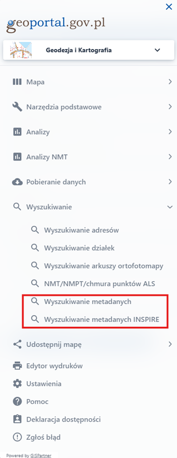 Ilustracja prezentuje lokalizację wyszukiwarek metadanych w menu modułu tematycznego Geodezja i Kartografia