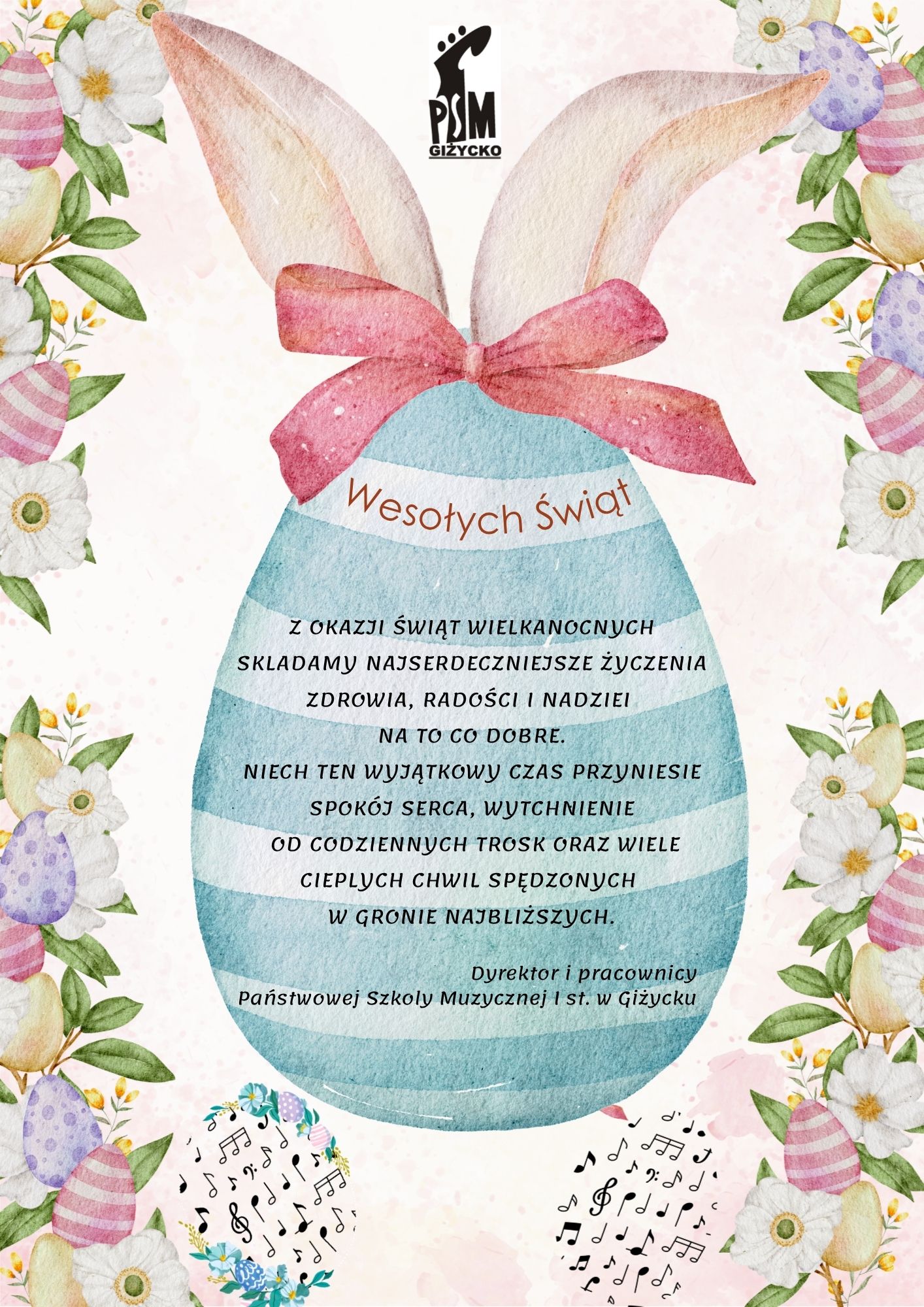 Kartka z życzeniami wielkanocnymi. Po środku niebieska pisanka z króliczymi uszami. Na niej życzenia wielkanocne. Wokół kwiaty wiosenne i kolorowe pisanki.