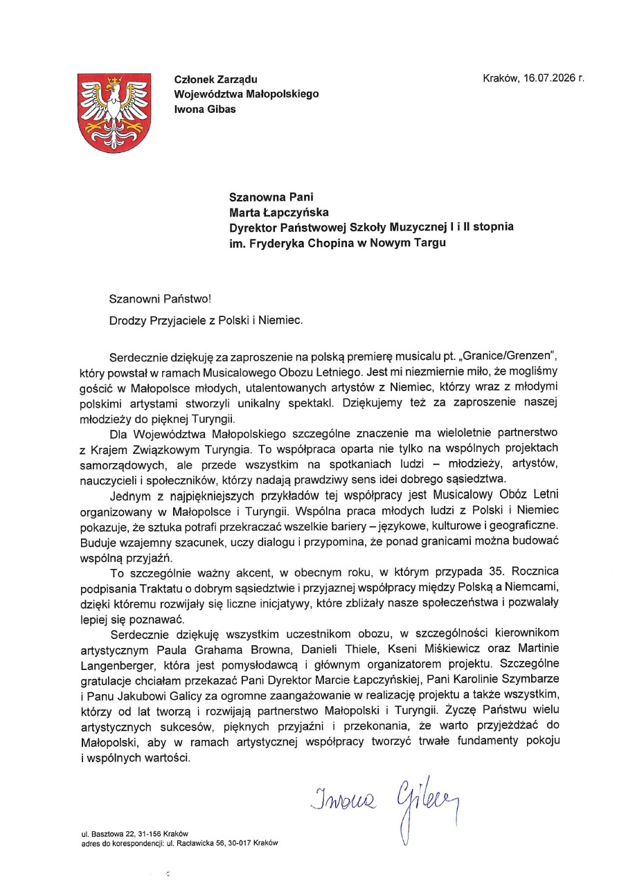 List Członka Zarządu Województwa Małopolskiego Iwony Gibas