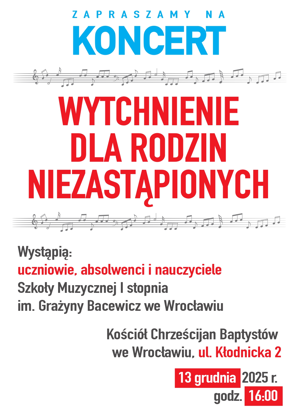 Na białym tle kolorowy tekst informujący o koncercie w Kościele Chrześcijan Baptystów. Koncert odbędzie się 13 grudnia 2025 o godz. 16.00 na ul. Kłodnickiej 2.
