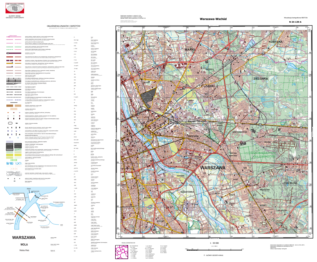 Ilustracja przedstawia zrzut ekranu z przykładową wizualizacją kartograficzną BDOT10k w skali 1 50 000 dla Warszawy