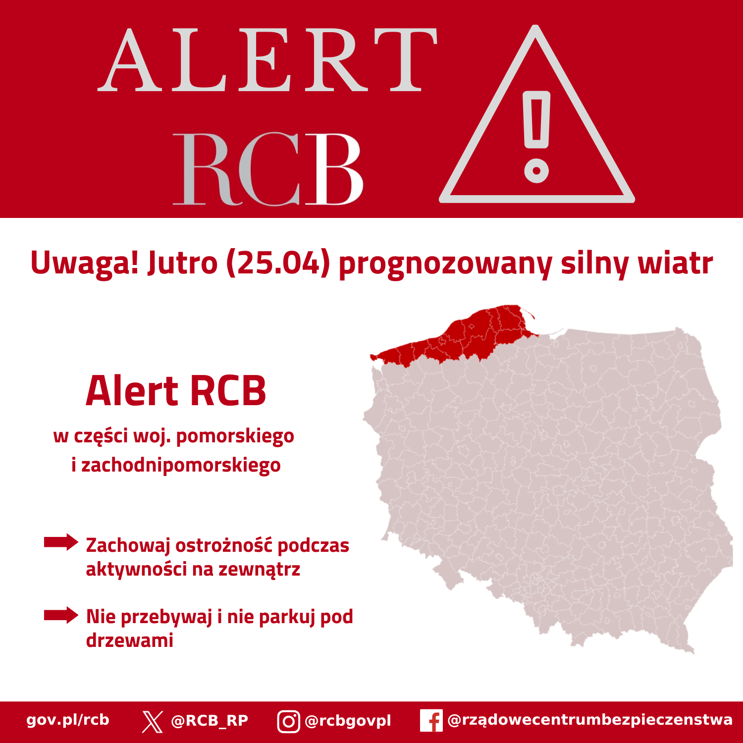 Alert RCB - silny wiatr w części pomorskiego i zachodniopomorskiego
