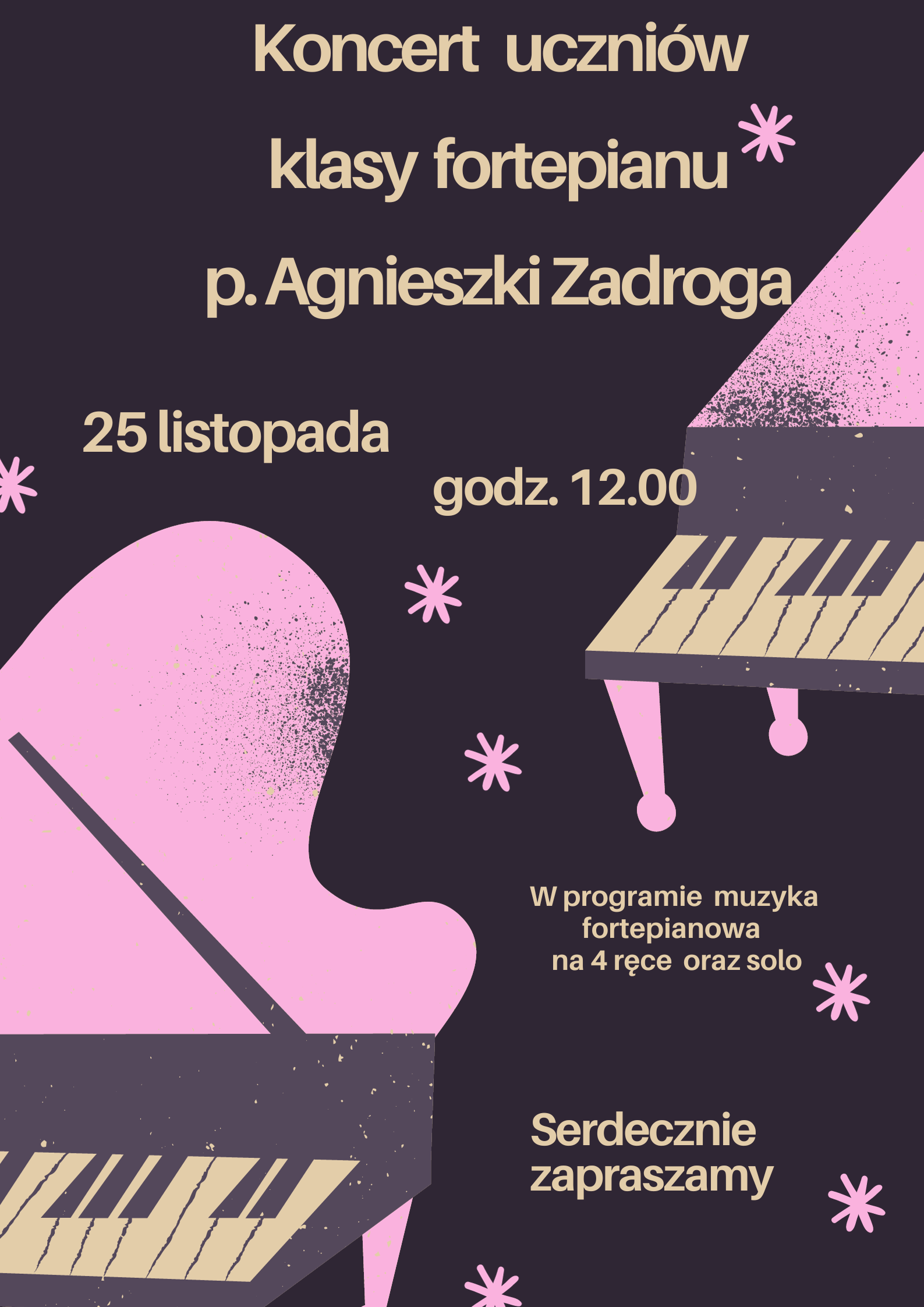 Grafika przedstawiająca dwa fortepiany po przeciwległych stronach kartki z otwartymi klapami i biało czarnymi klawiszami. Grafika w kolorach fioletowym, czarnym i różowym. Żółtymi dużymi literami informacje o audycji klasowej. Na kartce porozsiewane różowe małe gwiazdki.