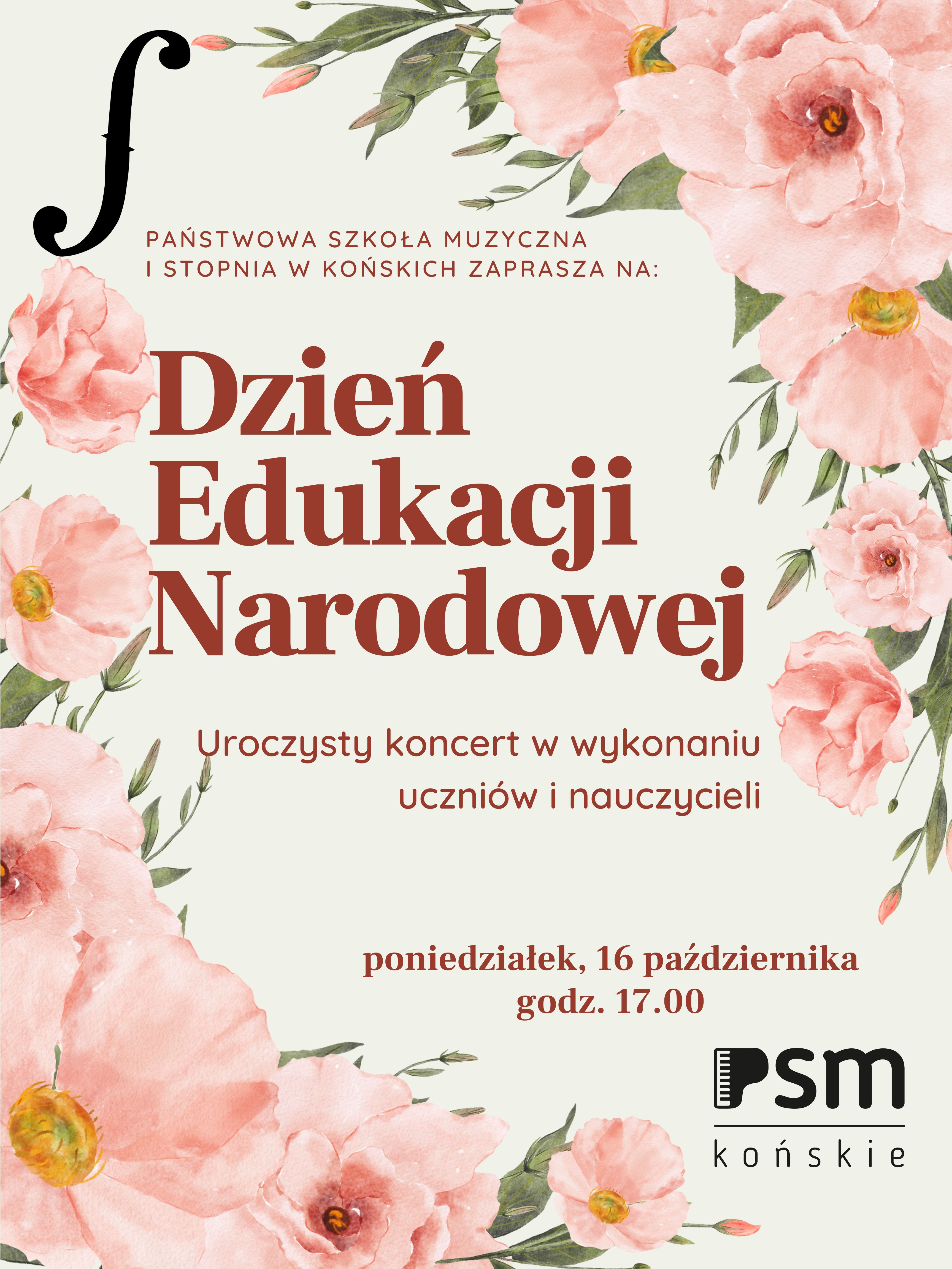 baner informujący o Dniu Edukacji Narodowej . Po bokach rózowe kaiaty. Litery koloru bordo.