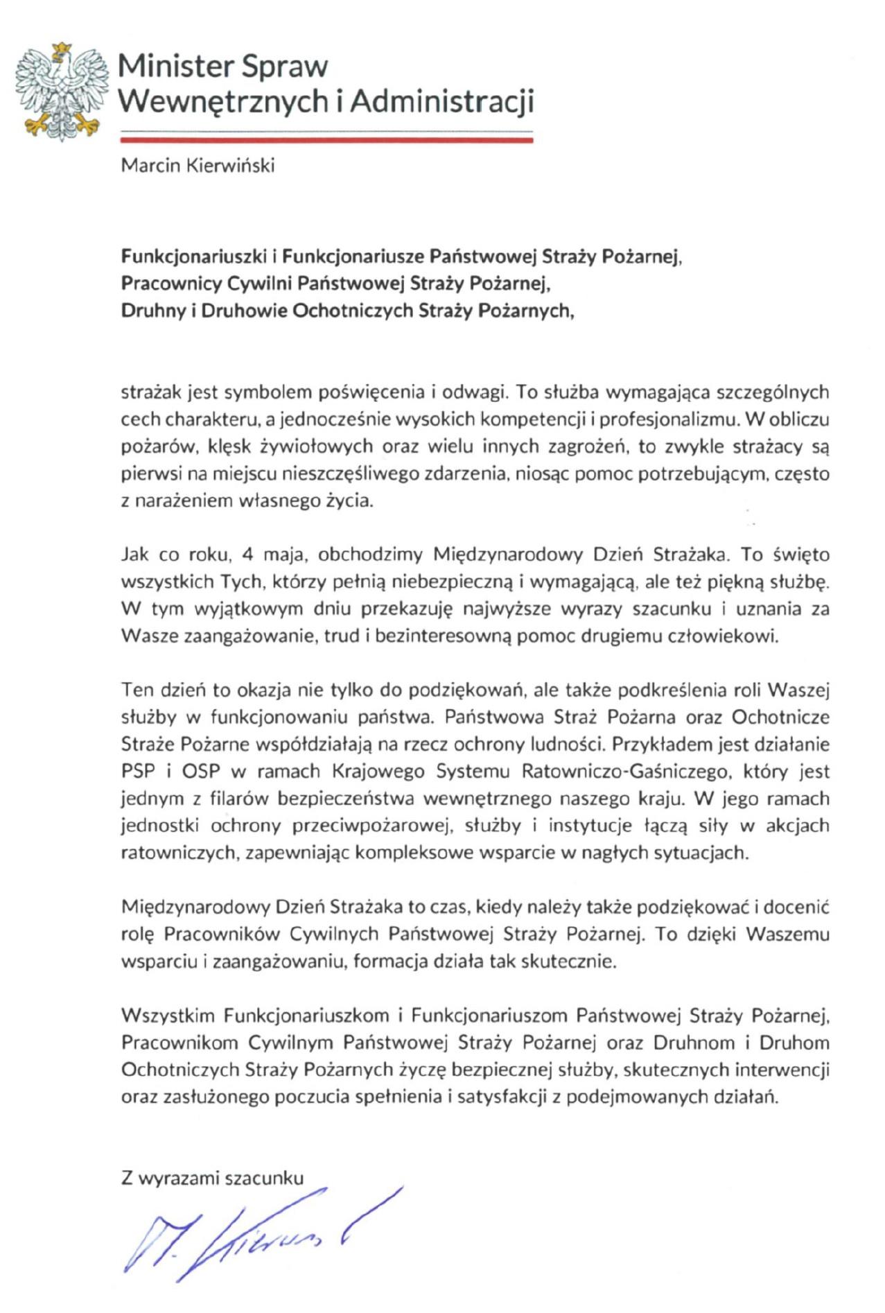 Życzenia Ministra Spraw Wewnętrznych i Administracji z okazji Dnia Strażaka