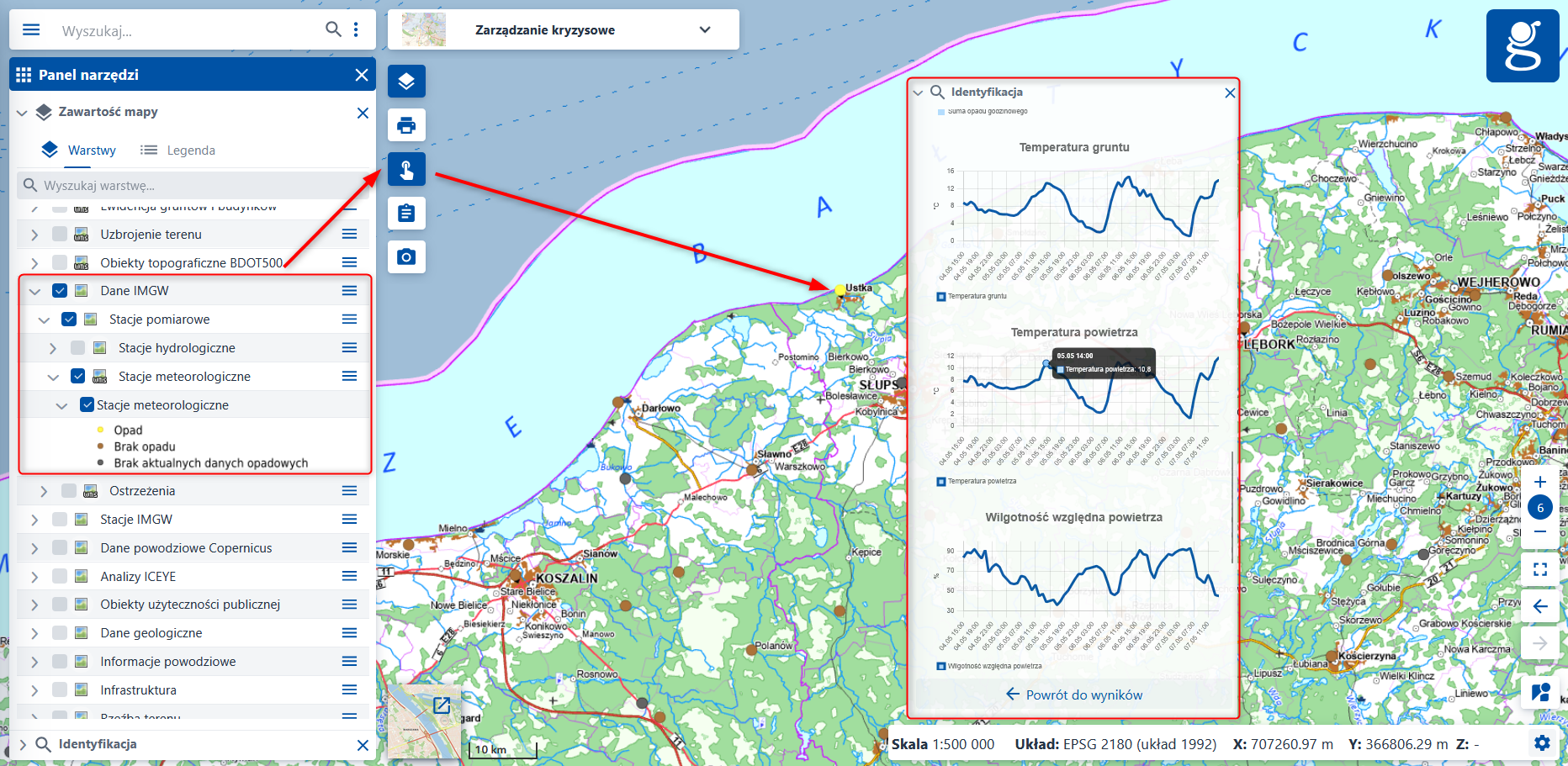 Ilustracja przedstawia dane z warstwy "Stacje meteorologiczne"