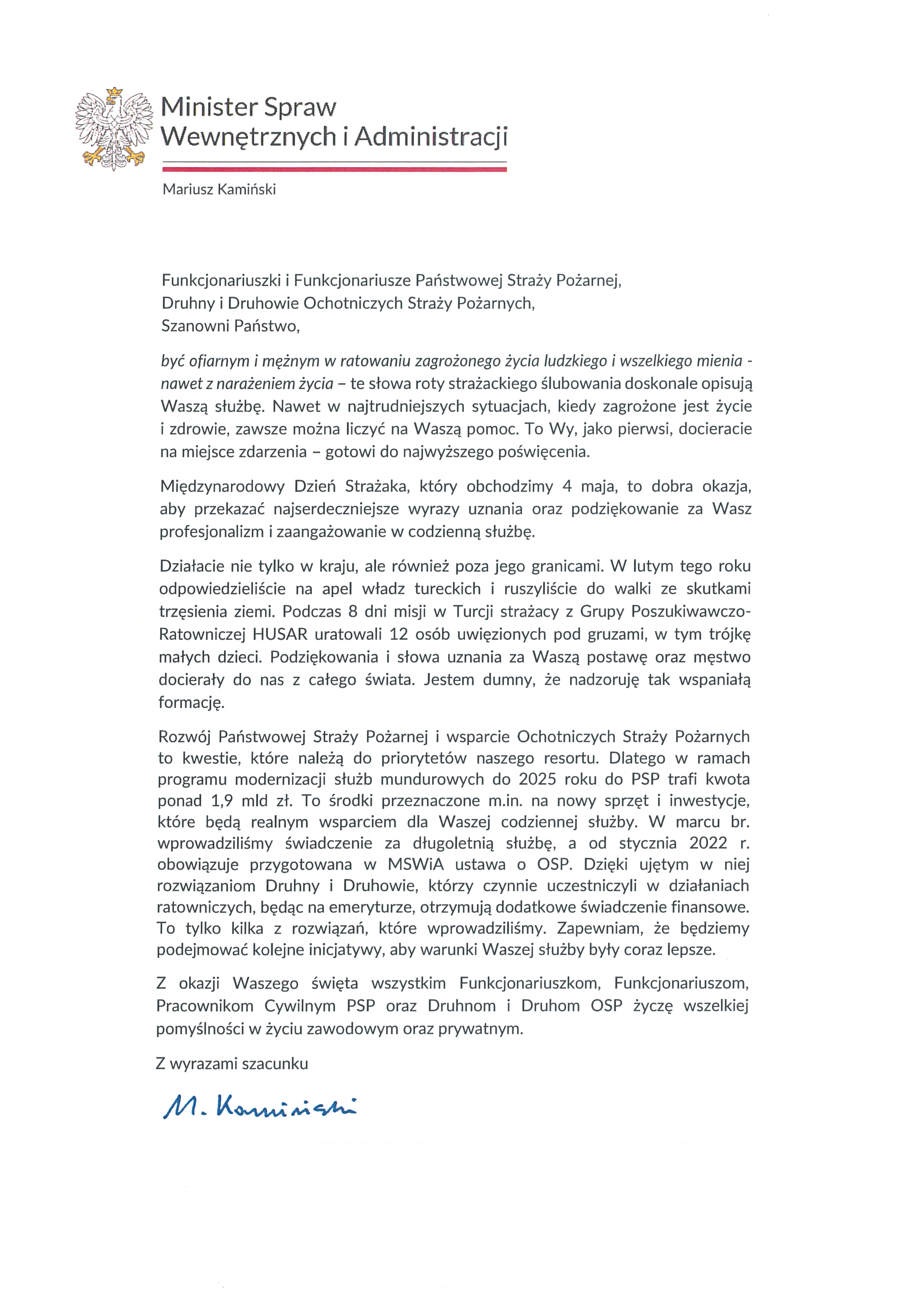 List z życzeniami od Ministra Spraw Wewnętrznych i Administracji z okazji Dnia Strażaka