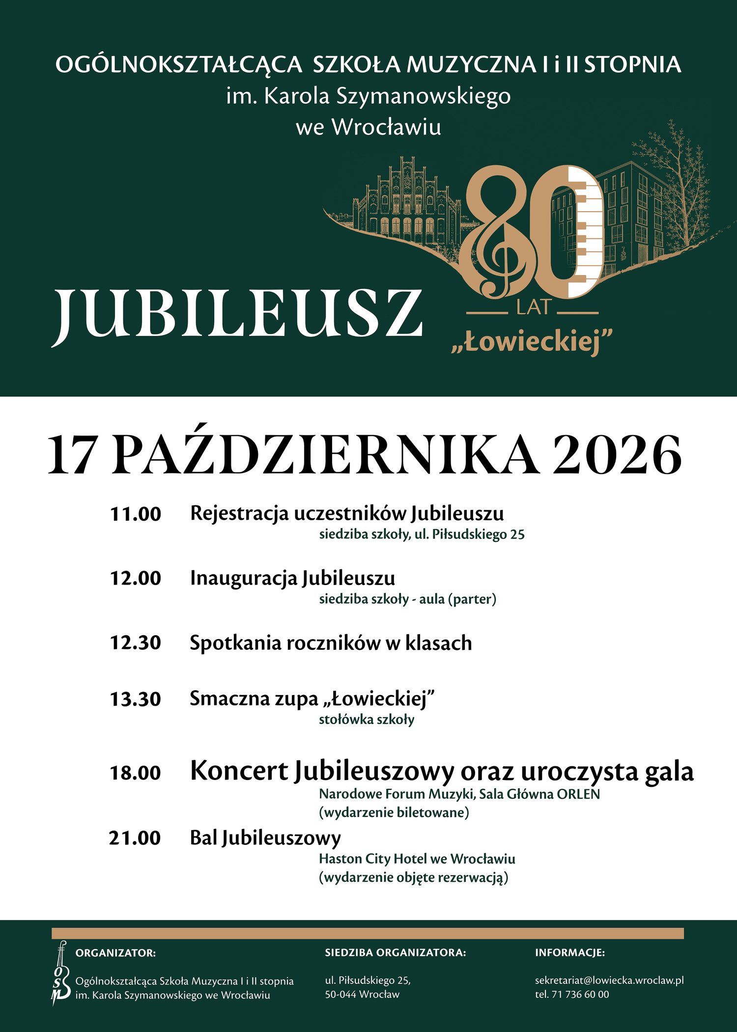 plakat zapowiadający Jubileusz 80- lecia szkoły. zawiera logo szkoły i program obchodów