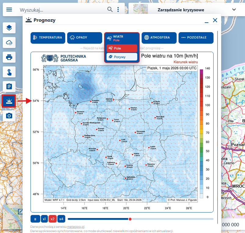 Zrzut ekranu z modułu tematycznego Zarządzanie kryzysowe z zaznaczonym ramką przyciskiem służącym do wyświetlenia pogody oraz otwarty widżet służący do wyświetlania prognoz.