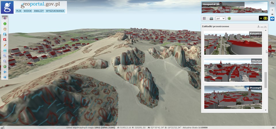 Ilustracja przestawia zrzut ekranu z serwisu geoportal.gov.pl ukazujący Geoportal 3D