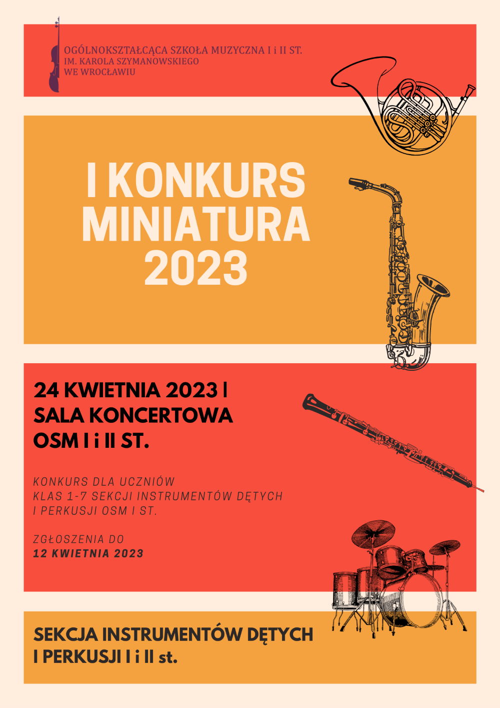 plakat w tonacji czerwono-pomarańczowej, zawiera napis "I Konkurs Miniatura 2023", grafiki instrumentów dętych oraz logo szkoły