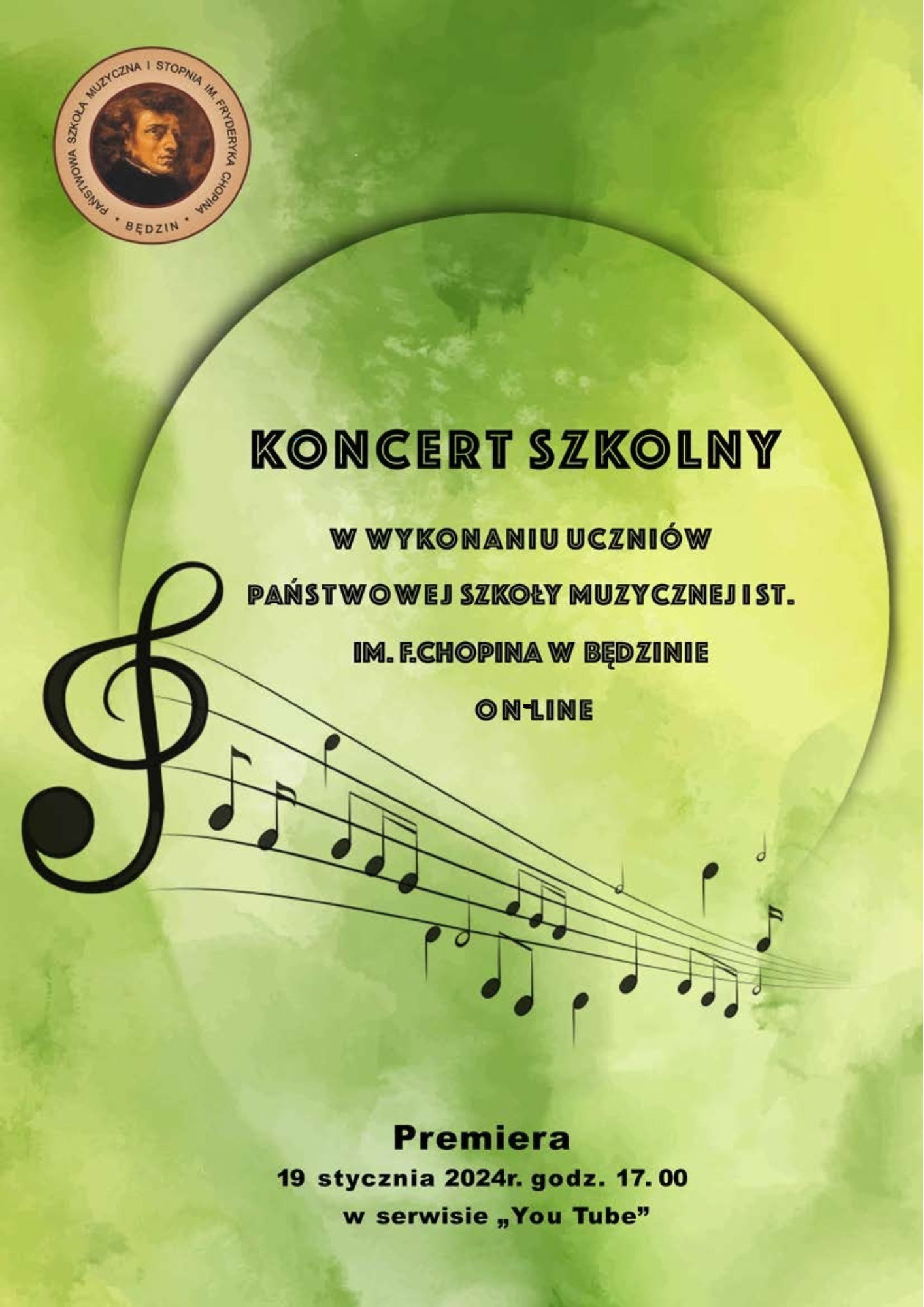 zielony plakat, na plakacie ikony nut, na środku napisy, w górnym lewym rogu logo szkoły