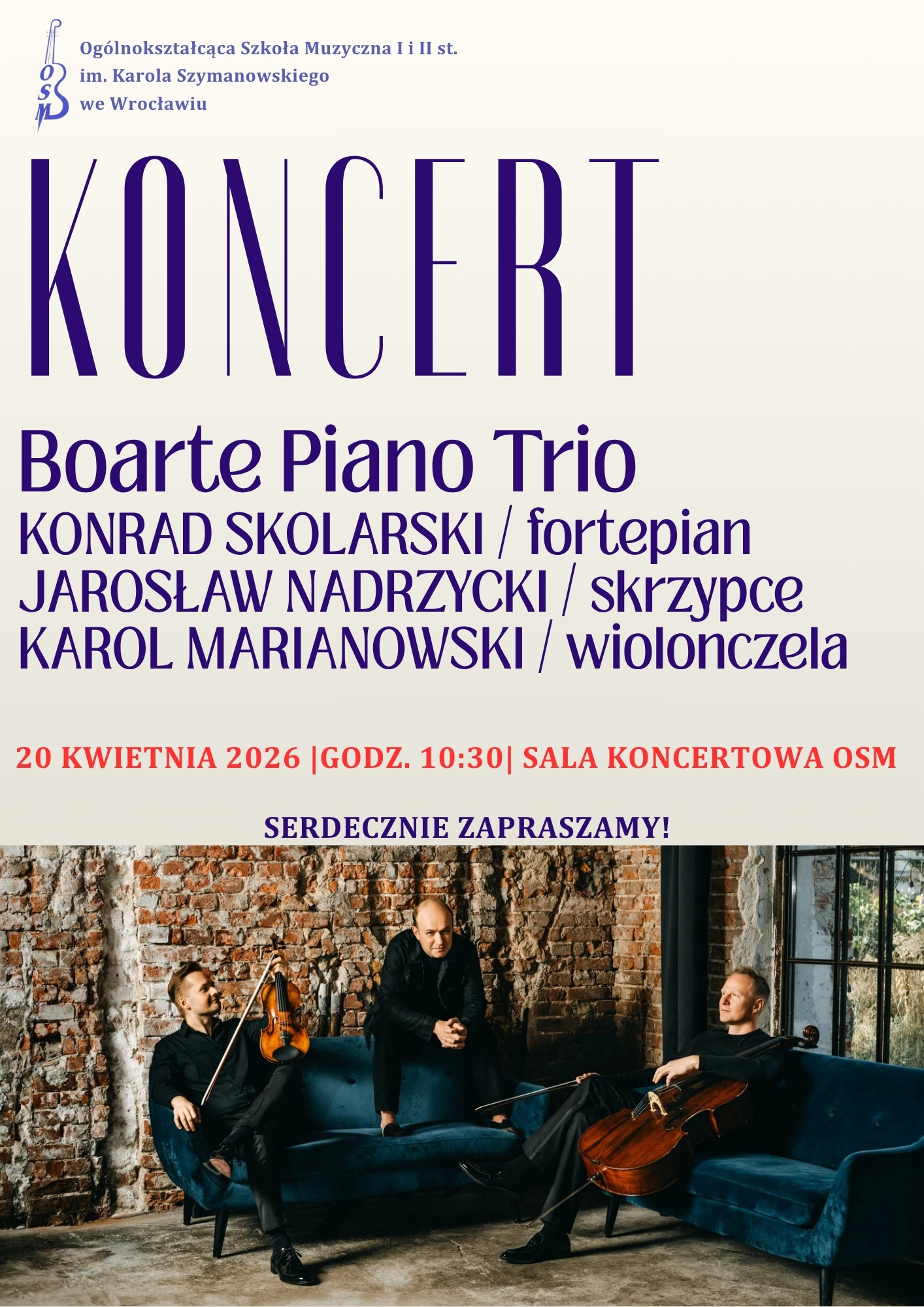 plakat zapowiadający koncert Boarte Piano trio. Zawiera zdjęcie muzyków oraz tytuł i datę koncertu