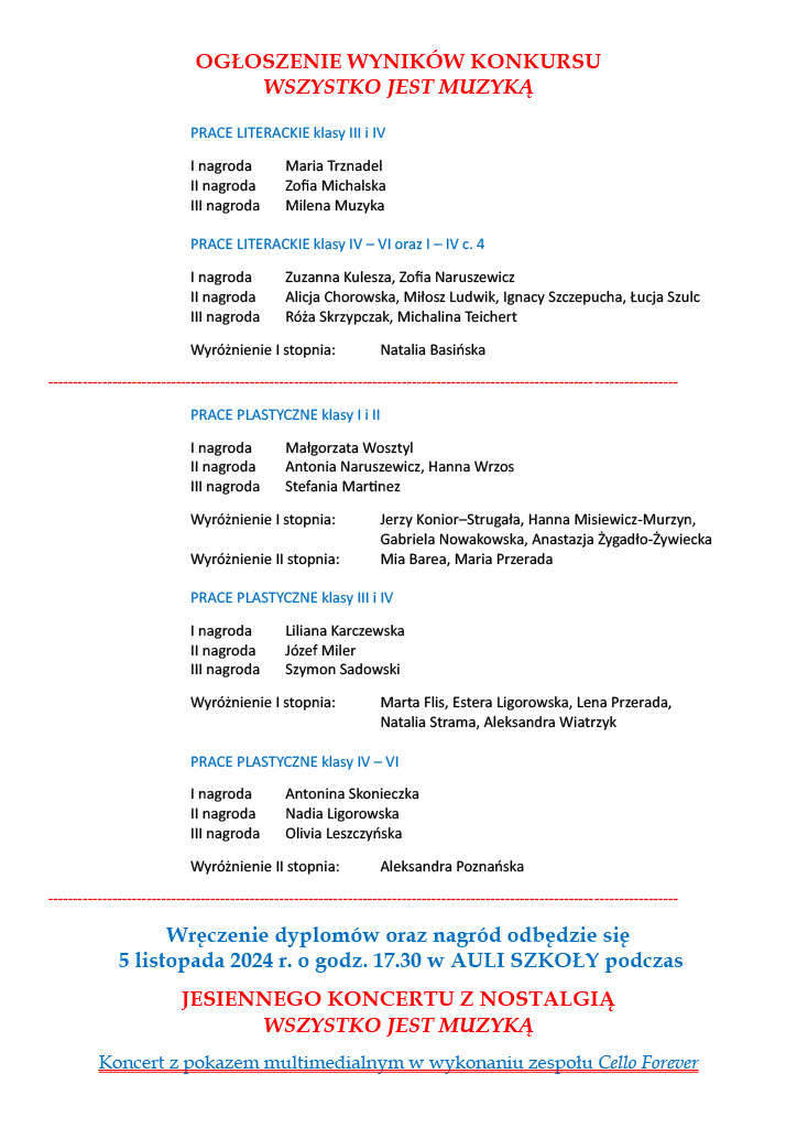 Na białym tle, tekst informujący o wyników szkolnego konkursu Wszystko jest muzyką. Na dole informacje o dacie wręczania dyplomów i nagród i koncercie.