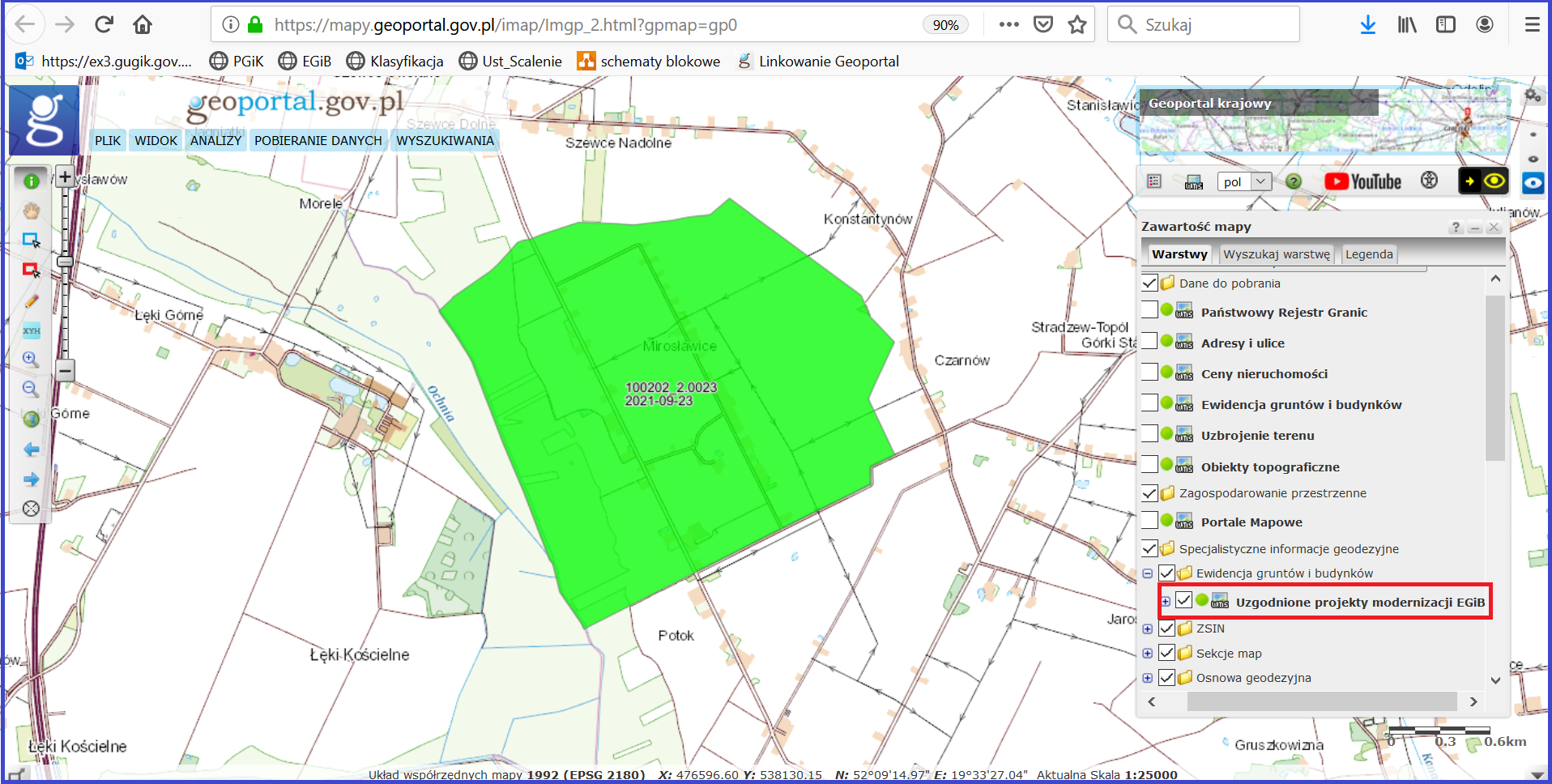Ilustracja przedstawia zrzut ekranu z serwisu www.geoportal.gov.pl prezentujący warstwę „Uzgodnione projekty modernizacji EGiB” w powiększeniu przedstawiającym obszar obrębu, dla którego wydano opinię do przedstawionego projektu modernizacji egib. Na rysunku widać identyfikator tego obrębu oraz datę wydania opinii